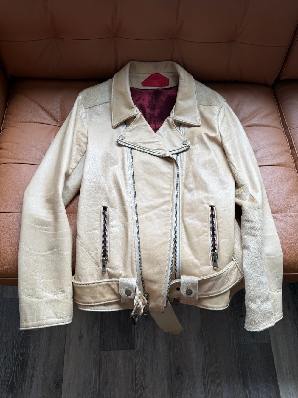 Men's Cream Leather Biker Bomber Jacket with Belt